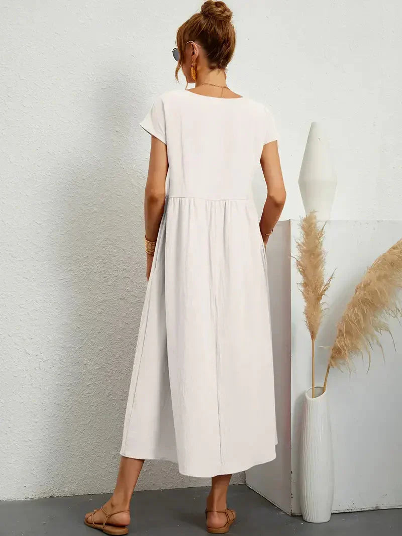 Abito Lungo Emily da Donna – Abito Maxi Fluido con Maniche Corte, Tasche e Stile Casual Chic  