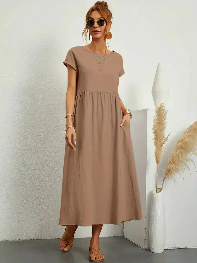 Emily Robe Longue Femme – Robe Maxi Fluide à Manches Courtes avec Poches et Style Décontracté Chic