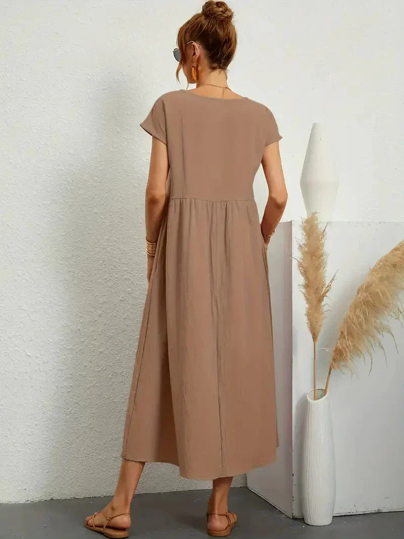 Emily Robe Longue Femme – Robe Maxi Fluide à Manches Courtes avec Poches et Style Décontracté Chic