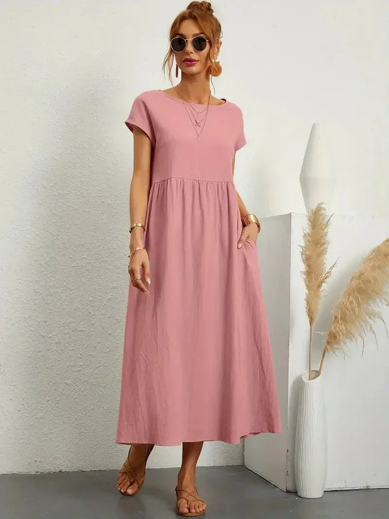 Emily Robe Longue Femme – Robe Maxi Fluide à Manches Courtes avec Poches et Style Décontracté Chic