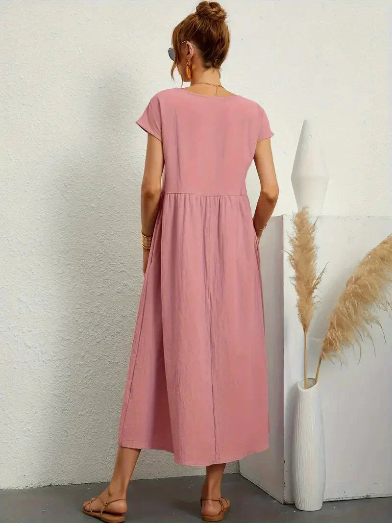 Emily Robe Longue Femme – Robe Maxi Fluide à Manches Courtes avec Poches et Style Décontracté Chic