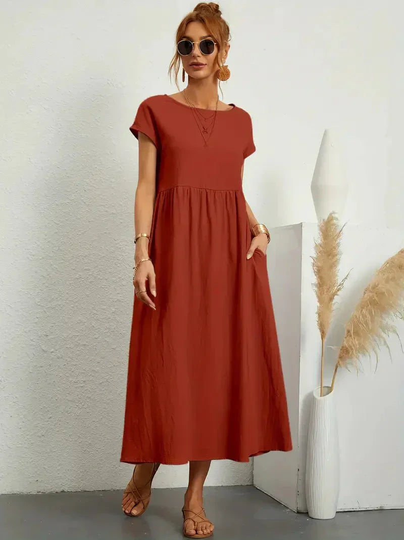 Emily Robe Longue Femme – Robe Maxi Fluide à Manches Courtes avec Poches et Style Décontracté Chic