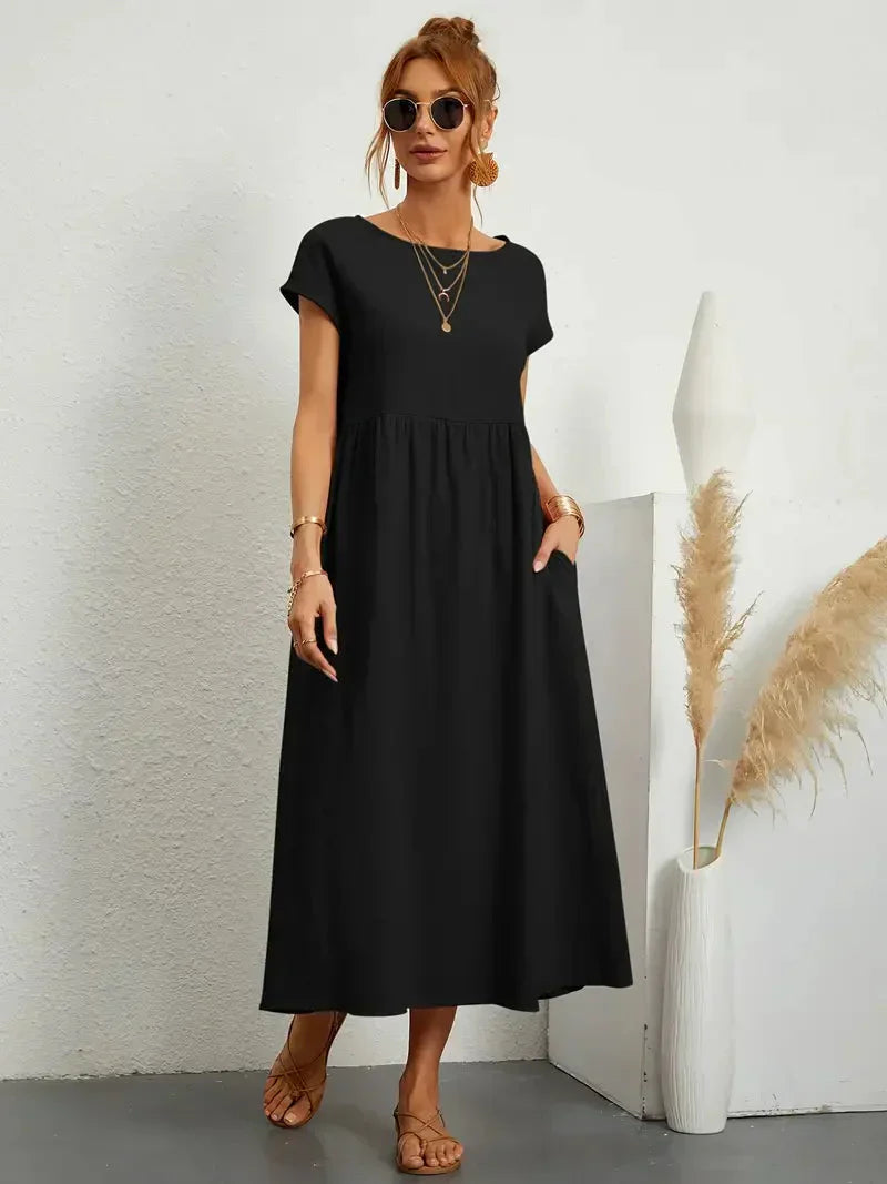 Abito Lungo Emily da Donna – Abito Maxi Fluido con Maniche Corte, Tasche e Stile Casual Chic  