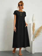 Abito Lungo Emily da Donna – Abito Maxi Fluido con Maniche Corte, Tasche e Stile Casual Chic  