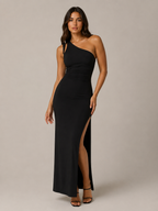 Vestido de noche maxi para mujer Katinka, de un solo hombro, con abertura alta y corte entallado