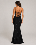 Désirée Vestido largo de mujer con tirantes finos, bordado floral y elegante espalda con cordones