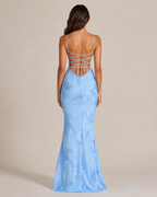Désirée Vestido largo de mujer con tirantes finos, bordado floral y elegante espalda con cordones