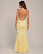 Désirée Vestido largo de mujer con tirantes finos, bordado floral y elegante espalda con cordones