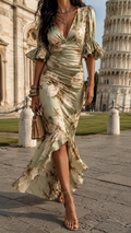 Charmaine Robe Longue Imprimée – Robe Drapée à Col Croisé et Jupe Asymétrique