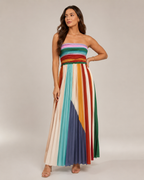 Vestido largo de mujer Bianca, sin tirantes, a rayas multicolores y con falda plisada fluida