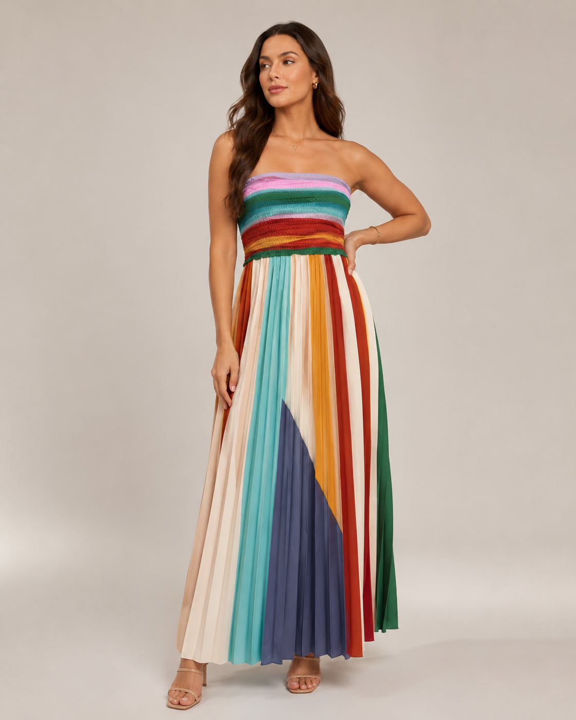 Vestido largo de mujer Bianca, sin tirantes, a rayas multicolores y con falda plisada fluida