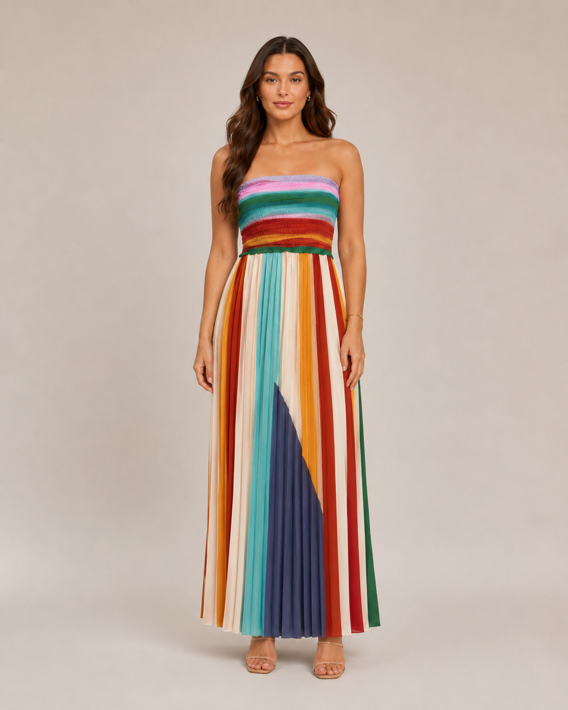 Vestido largo de mujer Bianca, sin tirantes, a rayas multicolores y con falda plisada fluida
