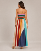 Vestido largo de mujer Bianca, sin tirantes, a rayas multicolores y con falda plisada fluida