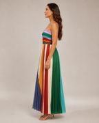 Vestido largo de mujer Bianca, sin tirantes, a rayas multicolores y con falda plisada fluida
