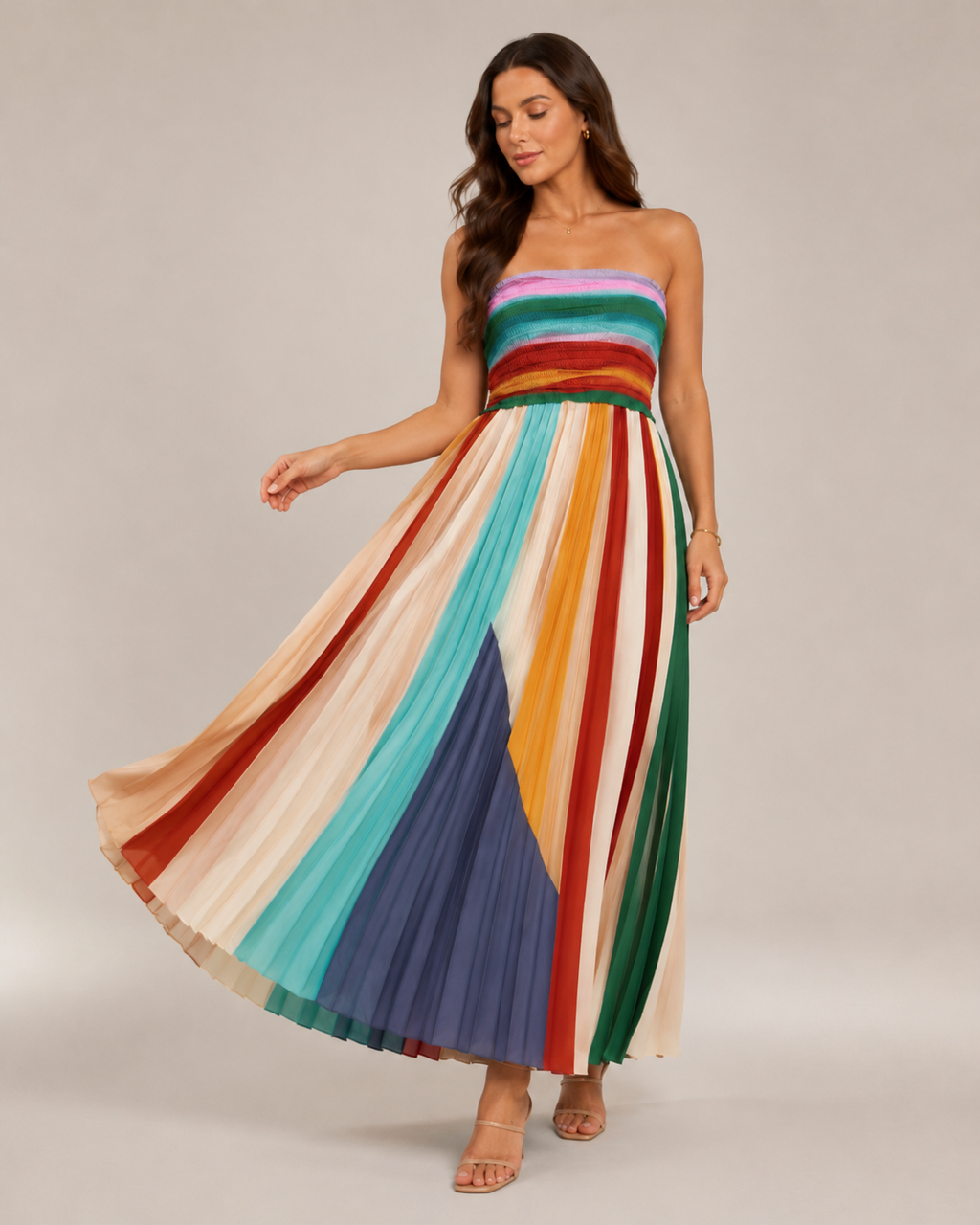 Vestido largo de mujer Bianca, sin tirantes, a rayas multicolores y con falda plisada fluida
