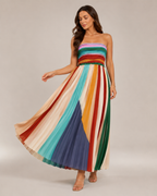 Vestido largo de mujer Bianca, sin tirantes, a rayas multicolores y con falda plisada fluida