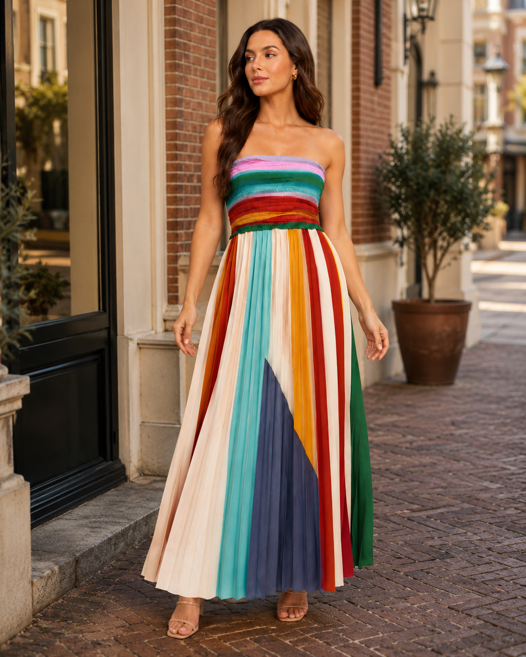 Vestido largo de mujer Bianca, sin tirantes, a rayas multicolores y con falda plisada fluida