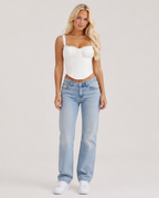 Alessia Witte Korset Crop Top met Sweetheart Hals, Kantbandjes en Geplooide Buste