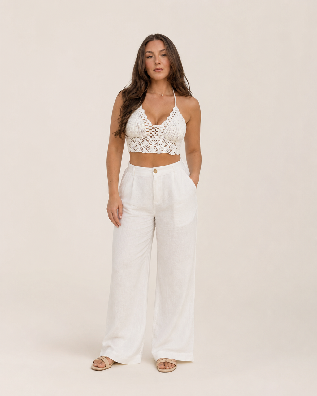 Fiammetta Women’s Crochet Halter Top with Adjustable Back, Bohemian Style