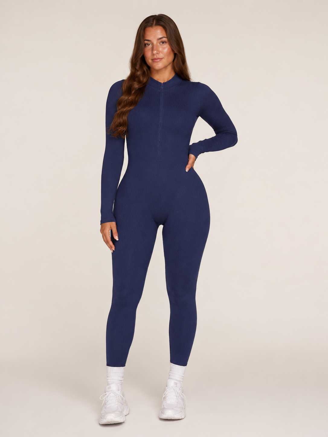 Elowen Naadloze Sport Jumpsuit met Halve Rits, Ribstructuur en Lange Mouwen voor Dames