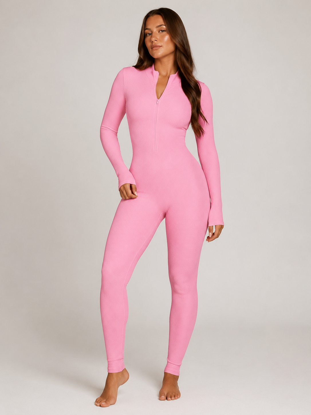 Elowen Naadloze Sport Jumpsuit met Halve Rits, Ribstructuur en Lange Mouwen voor Dames