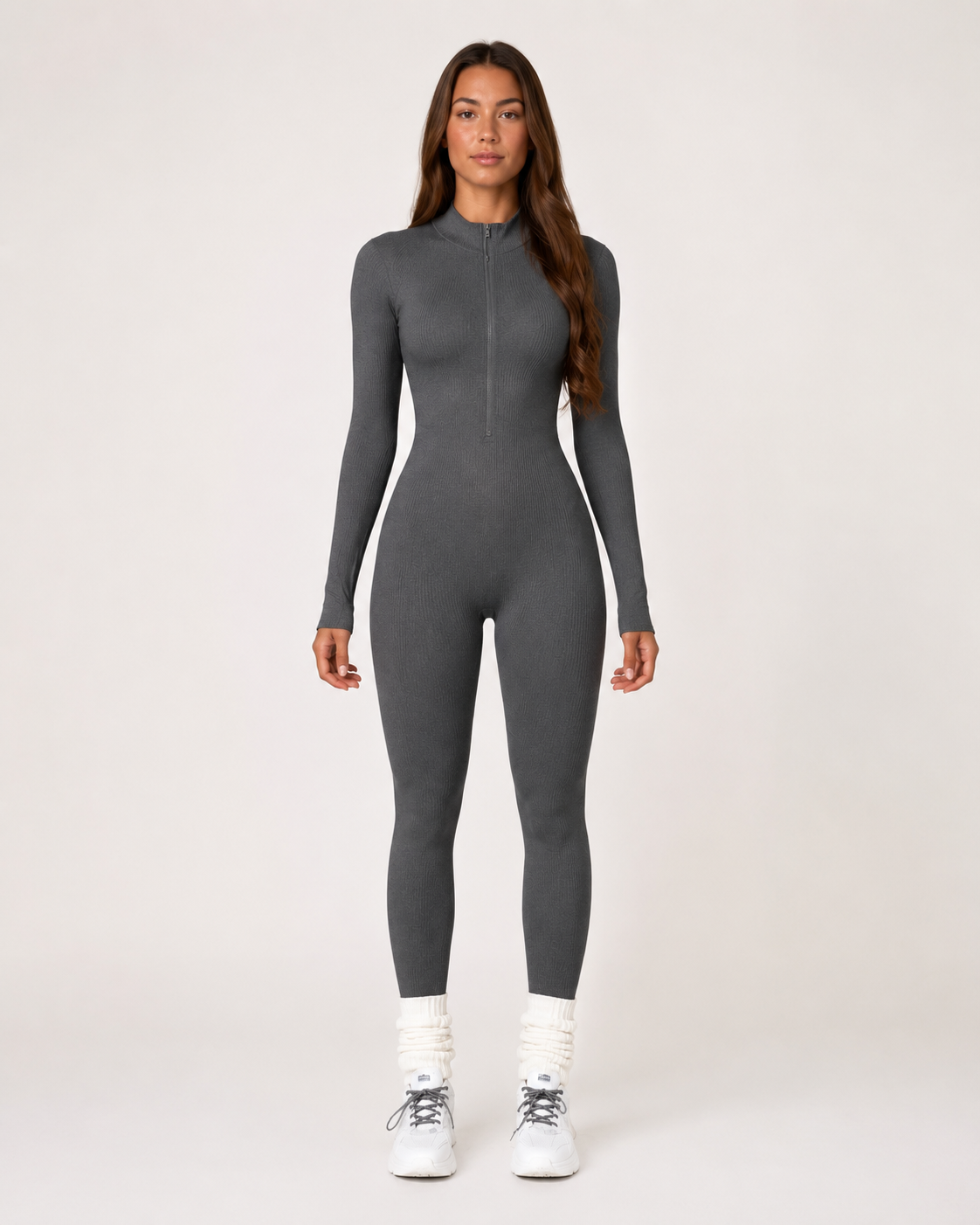 Elowen Naadloze Sport Jumpsuit met Halve Rits, Ribstructuur en Lange Mouwen voor Dames