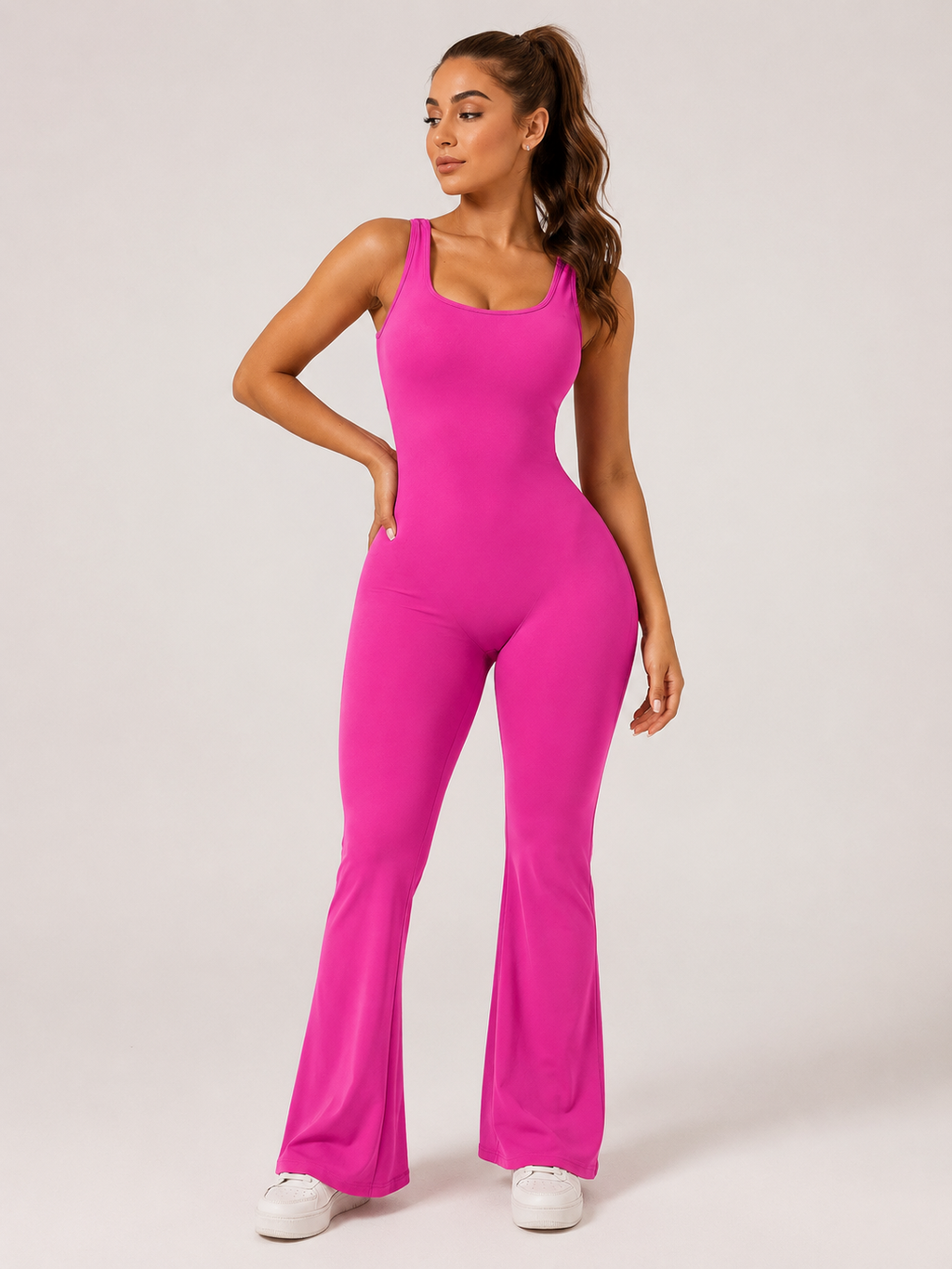 Colette Flared Sport Jumpsuit with Open Back, Fitted Cut, and Stretch Fabric