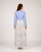 Geneviève Lichtblauwe Bloemen Maxi Abito con Scollo a V, Cintura in Vita e Maniche Trasparenti