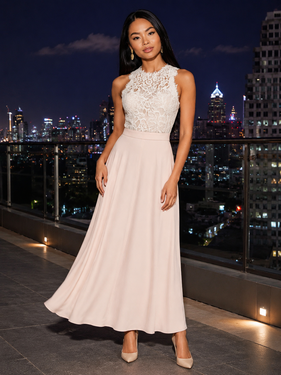 Esmée Elegant Women's Lace Maxi Dress with High Neck and Defined Waist