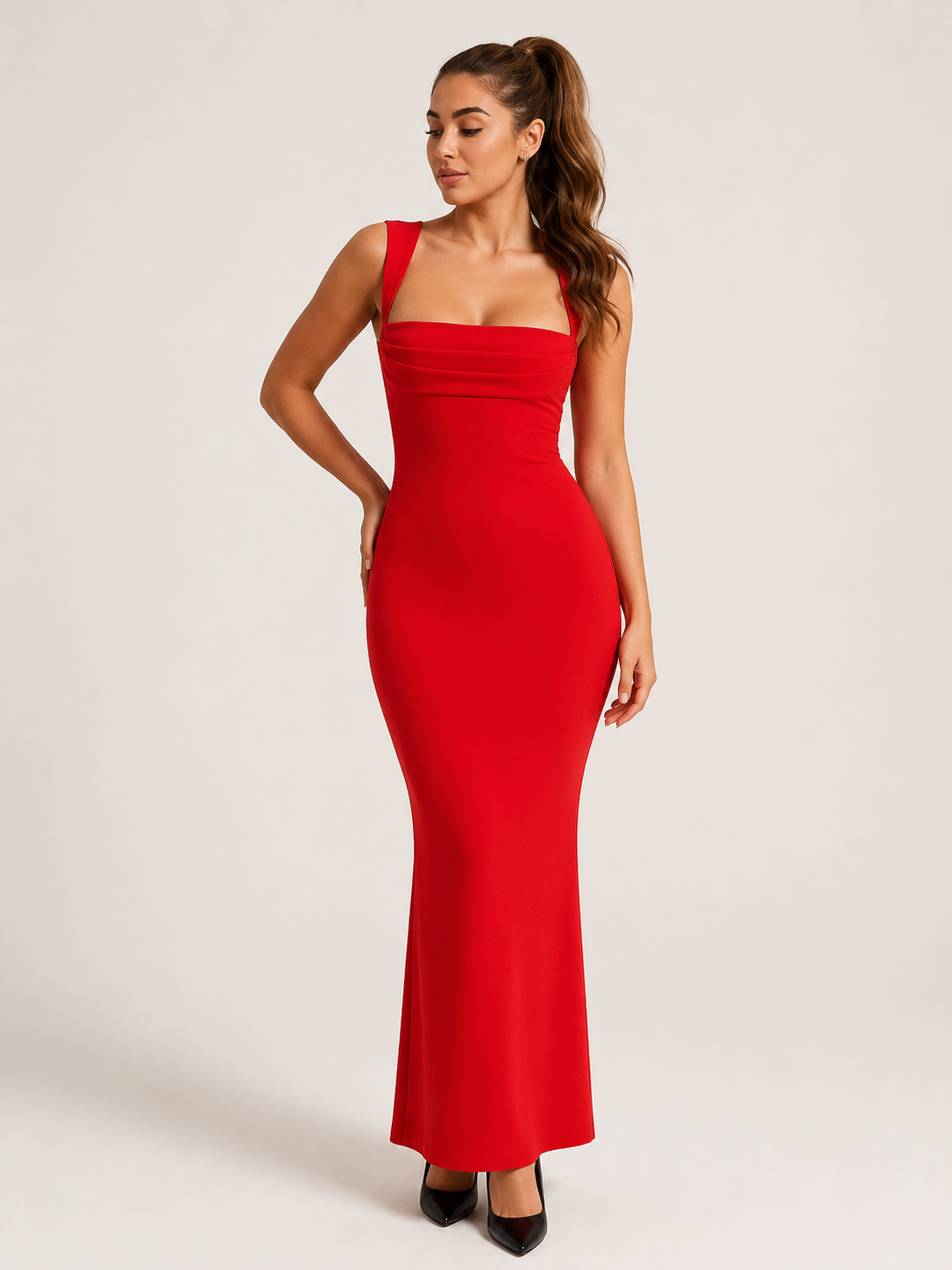Kalina Stretch Maxi-jurk met Brede Schouderbanden, Figuurvormende Pasvorm en Uitlopende Zoom