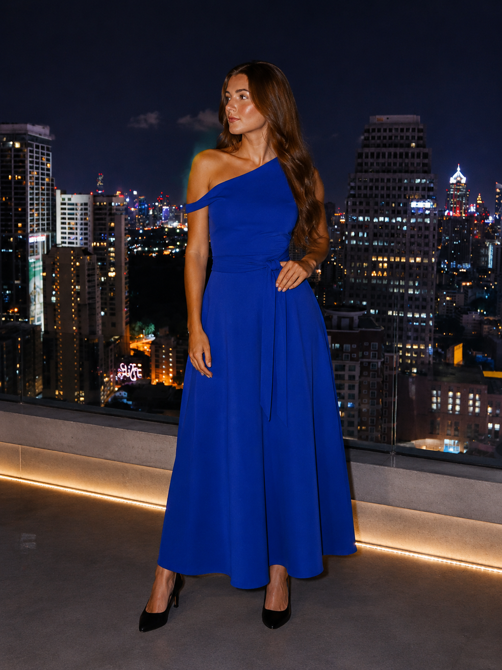 Vittoria Koninklijk Blauwe One-Shoulder Maxi-jurk met Tailleceintuur en Elegante A-lijn