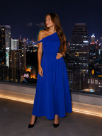 Vittoria Koninklijk Blauwe One-Shoulder Maxi-jurk met Tailleceintuur en Elegante A-lijn