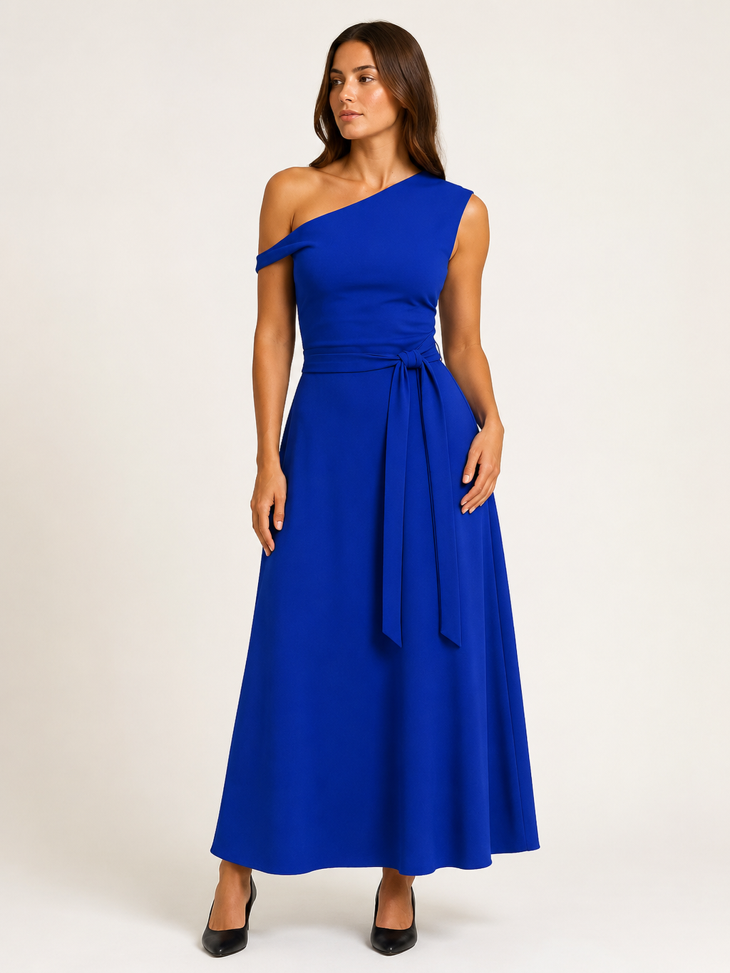 Vittoria Koninklijk Blauwe One-Shoulder Maxi-jurk met Tailleceintuur en Elegante A-lijn