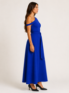 Vittoria Koninklijk Blauwe One-Shoulder Maxi-jurk met Tailleceintuur en Elegante A-lijn