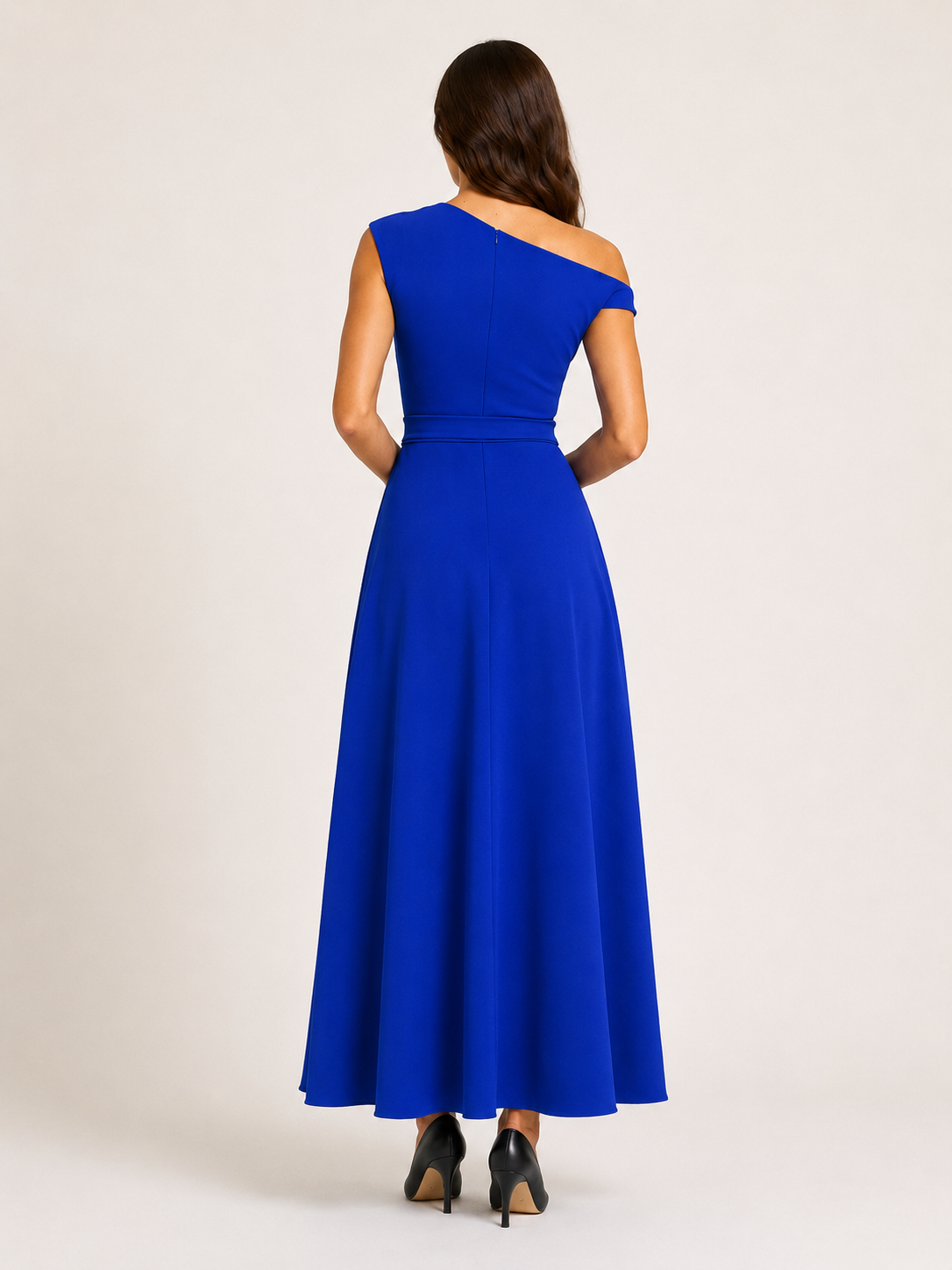 Vittoria Koninklijk Blauwe One-Shoulder Maxi-jurk met Tailleceintuur en Elegante A-lijn