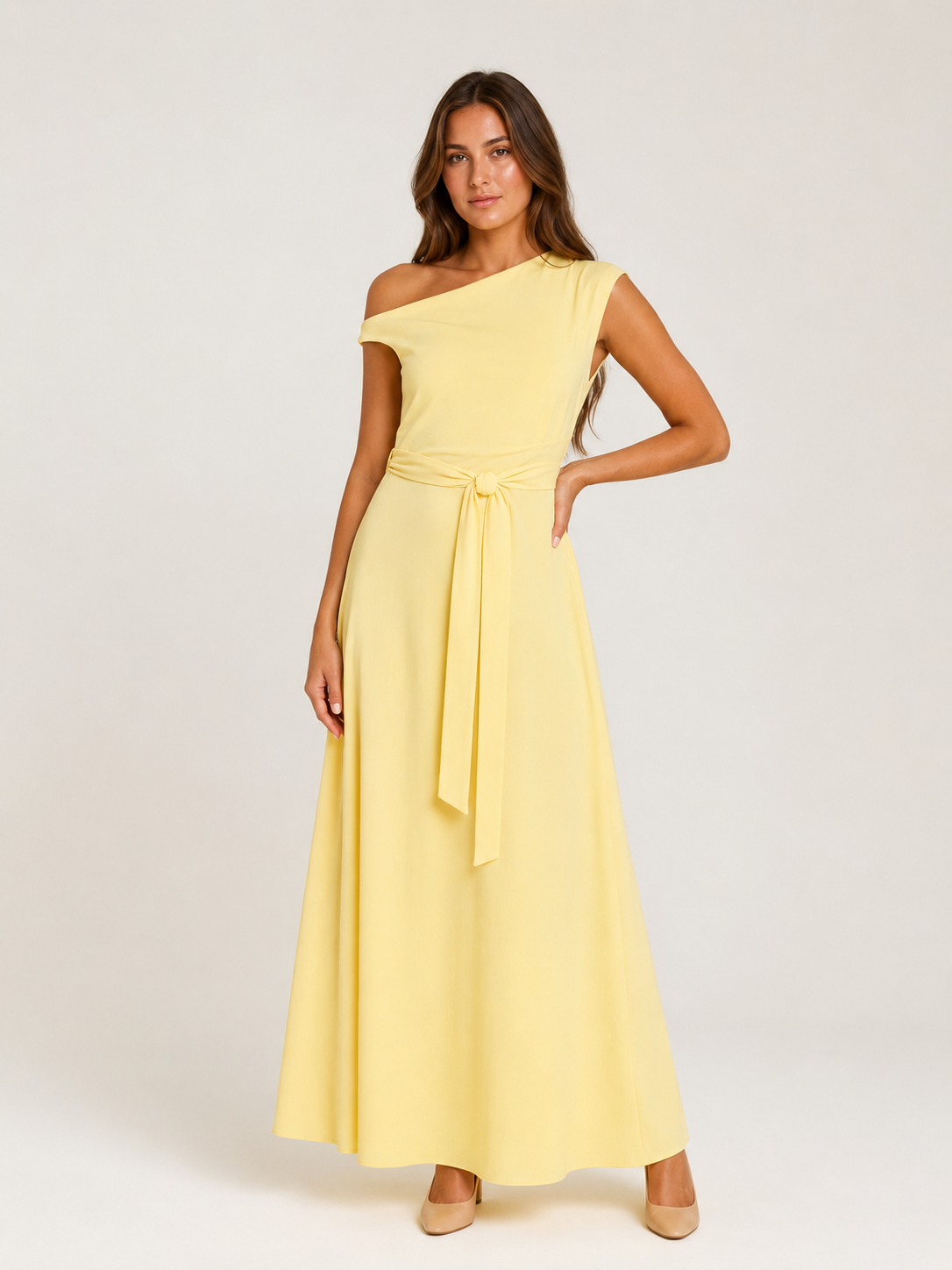 Vittoria Koninklijk Blauwe One-Shoulder Maxi-jurk met Tailleceintuur en Elegante A-lijn