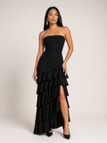 Anneliese Zwarte Strapless Maxi Jurk met Gelaagde Ruches, Split en Elegante Pasvorm