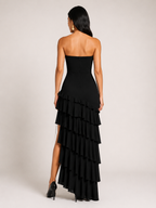 Anneliese Zwarte Strapless Maxi Jurk met Gelaagde Ruches, Split en Elegante Pasvorm