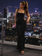 Vestido largo de mujer Jovita con lentejuelas, espalda descubierta y elegante escote cuadrado
