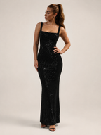 Vestido largo de mujer Jovita con lentejuelas, espalda descubierta y elegante escote cuadrado