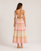 Lysandra Abito lungo floreale da donna con spalline sottili, inserti cut-out e romantici volant