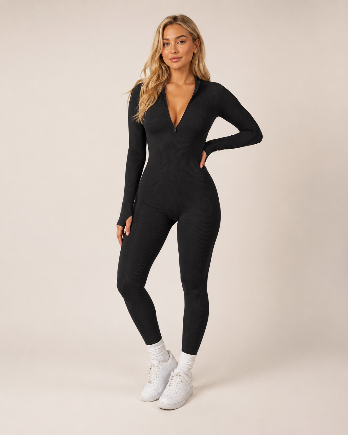 Kalia Naadloze Sport Jumpsuit met Rits, Lange Mouwen en Figuurvormende Pasvorm