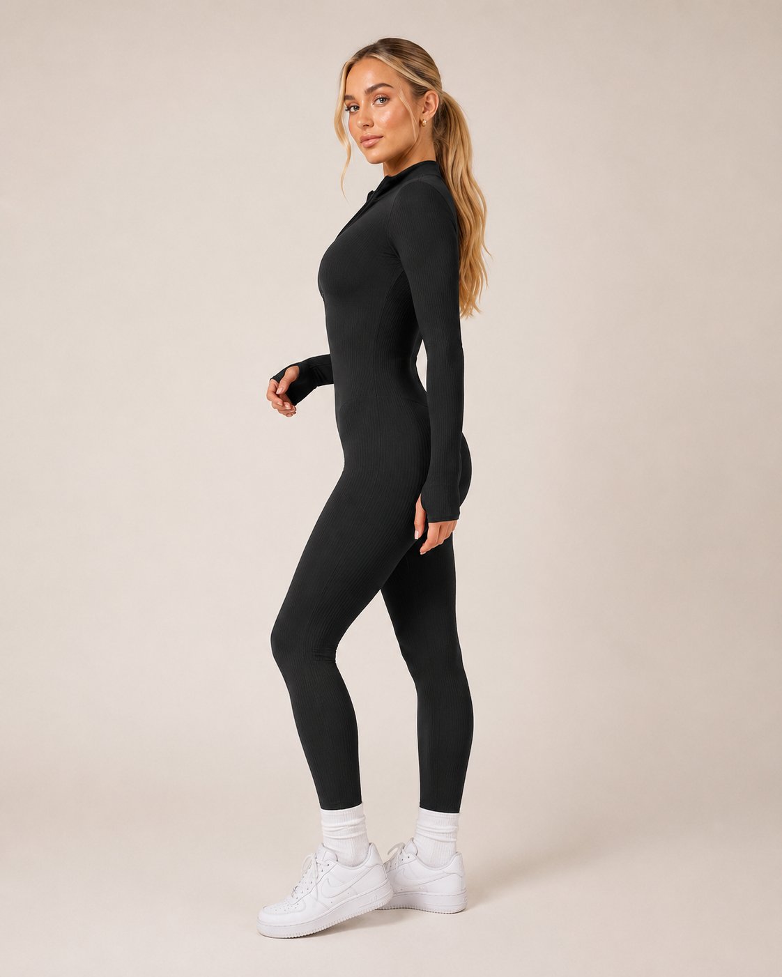 Kalia Naadloze Sport Jumpsuit met Rits, Lange Mouwen en Figuurvormende Pasvorm