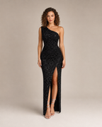 Aurélie Robe Maxi de Soirée à Paillettes Asymétrique avec Fente Élégante pour Femme