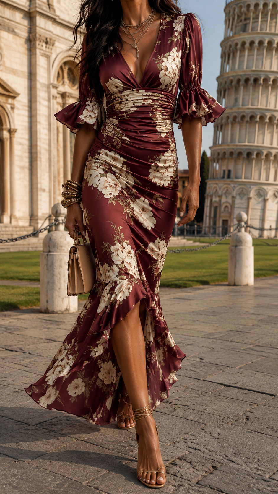 Charmaine Robe Longue Imprimée – Robe Drapée à Col Croisé et Jupe Asymétrique