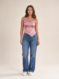 Maëlle Pink Satin Crop Top with Asymmetric Hem, Cowl Neck, and Spaghetti Straps
