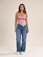 Maëlle Pink Satin Crop Top with Asymmetric Hem, Cowl Neck, and Spaghetti Straps