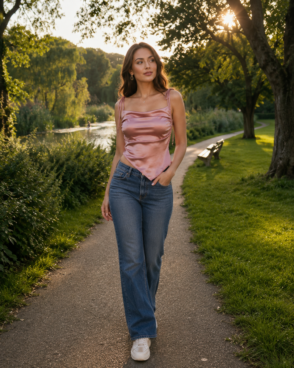 Maëlle Pink Satin Crop Top with Asymmetric Hem, Cowl Neck, and Spaghetti Straps