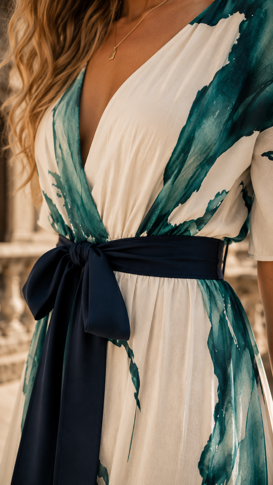 Alessia Robe Longue Femme – Robe Élégante à Imprimé Artistique avec Col Croisé