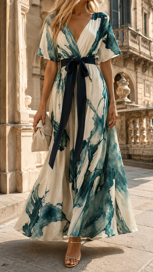 Alessia Robe Longue Femme – Robe Élégante à Imprimé Artistique avec Col Croisé